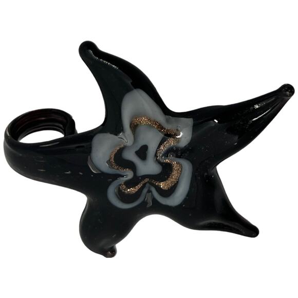 Black Murano-Style Glass Starfish Pendant | Handblown Art Glass Beach Statement - Picture 2 of 7